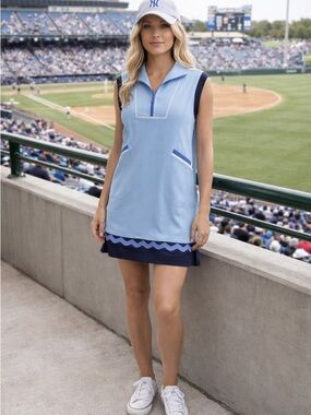 Simply Southern Light Blue and Navy Sleeveless Polo Dress with Wave Trim